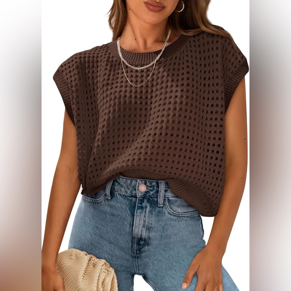 PRETTYGARDEN Spring Summer Crochet Cap Sleeve Sweater Pullover Beach Vacation S